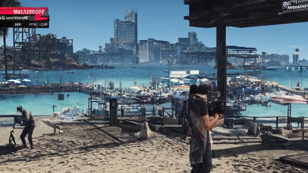 Prompt: Screenshot from Watchdogs at the beach