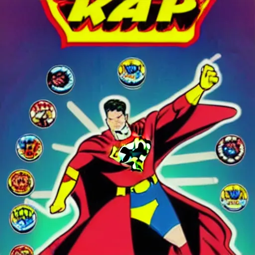 Image similar to a comic book super hero who is just really good at pinball and throws pinball machines he has a long cape his left hand is missing and instead is a launcher from a pinball machine, 4k, highly detailed, heroic pose, graphic novel, bright colors, dark lines