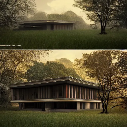 Prompt: modernist house inspired by a tibetan palace, open field, big trees, clouds, dramatic lighting, artstation, matte painting, raphael lacoste, simon stalenhag, frank lloyd wright