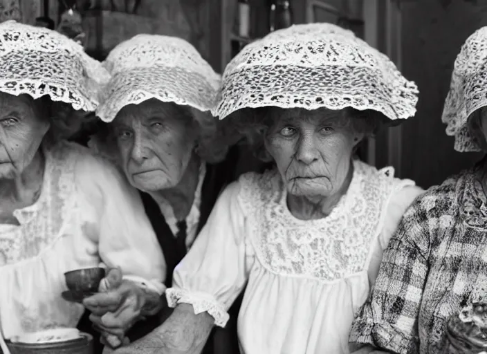 Image similar to close up of three old women from brittany with hats in white lace and dark folk costumes in a kitchen. they look visibly angry