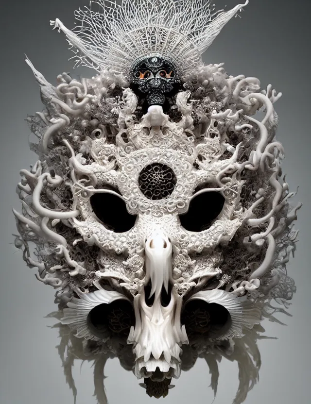 Image similar to goddess macro close - up portrait wigh crown made of ram skull. beautiful intricately detailed japanese crow kitsune mask and clasical japanese kimono. betta fish, jellyfish phoenix, bioluminiscent, plasma, ice, water, wind, creature, super intricate ornaments artwork by tooth wu and wlop and beeple and greg rutkowski