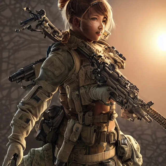 Prompt: the photorealistic portrait of lawful neutral female futuristic marine sniper as absurdly beautiful, gorgeous, elegant, young gravure idol, an ultrafine hyperdetailed illustration by kim jung gi, irakli nadar, intricate linework, bright colors, octopath traveler, final fantasy, unreal engine 5 highly rendered, global illumination, radiant light, detailed and intricate environment