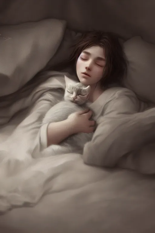 Prompt: young girl protagonist sleeping with a cat , accurate details, detailed full body, dramatic, intricate, elegant, highly detailed, digital painting, artstation, concept art, sharp focus, illustration, art by Gustave Dore, octane render