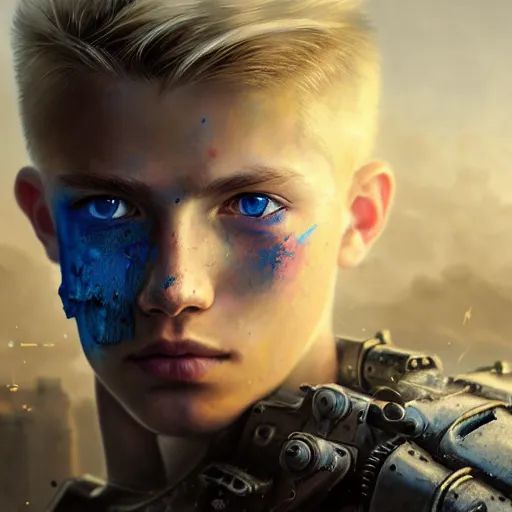 Image similar to portrait painting of a post - apocalyptic blonde teenager with blue eyes and patchy hair wearing light scrap armor with an old gun on his back, ultra realistic, concept art, intricate details, eerie, highly detailed, photorealistic, octane render, 8 k, unreal engine. art by artgerm and greg rutkowski and charlie bowater and magali villeneuve and alphonse mucha