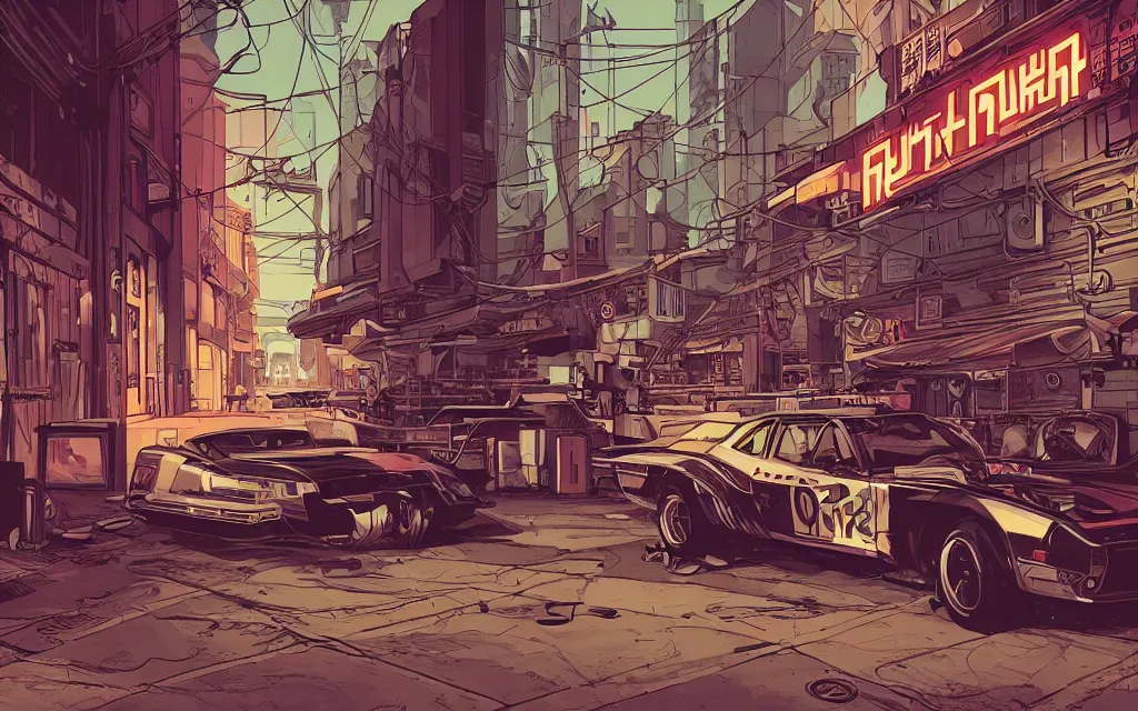 Image similar to very detailed, prophet graphic novel, ilya kuvshinov, mcbess, rutkowski, simon roy, illustration of a cyberpunk industrial alley with a muscle car, colorful, cinematic composition, studio lighting