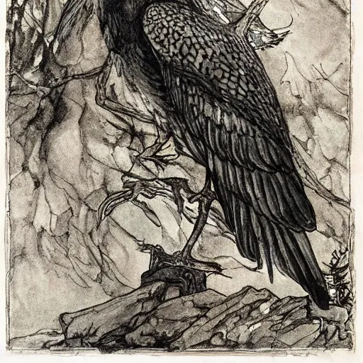 Image similar to Turning and turning in the widening gyre the falcon cannot hear the falconer, painted by Arthur Rackham