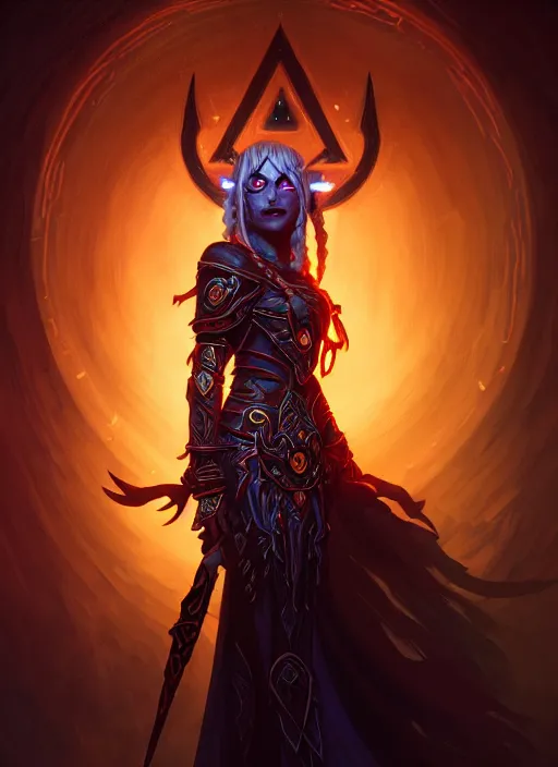 Image similar to portrait of sylvanas windrunner, evil, geometric runes, souls of the dead glowing, intricate, elegant, glowing lights, highly detailed, digital painting, artstation, concept art, smooth, sharp focus, illustration, art by wlop, mars ravelo and greg rutkowski