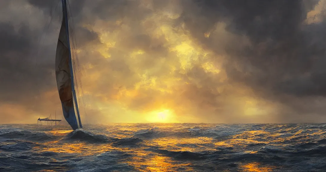 Image similar to sunrise over an stormy ocean, single sailboat, one mast, hyperdetailed oilpainting, ntricate, volumetric lighting, scenery, digital painting, highly detailed, artstation, sharp focus,