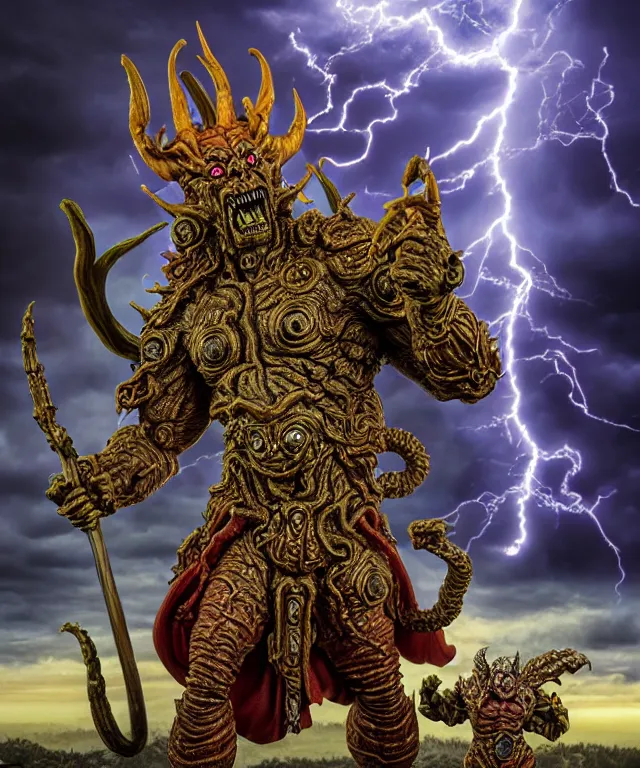 Image similar to hyperrealistic rendering, epic boss battle, ornate supreme demon overlord, by art of skinner and richard corben and jeff easley, product photography, action figure, sofubi, storm clouds, outside, lightning