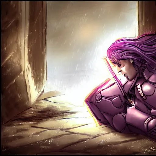 Prompt: A female paladin lying on the ground in a dark alley. Digital Art, Dramatic, Rain