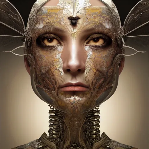 Prompt: a baroque neoclassicist close - up renaissance portrait of a beautiful robot faerie queen with glowing eyes, in profile, moth wings with geometric patterns, reflective detailed textures, baroque dark fantasy science fiction painting by donato giancola and diego rivera and jean delville and moebius and tom bagshaw, dramatic lighting, silver and muted colors, artstation, octane render