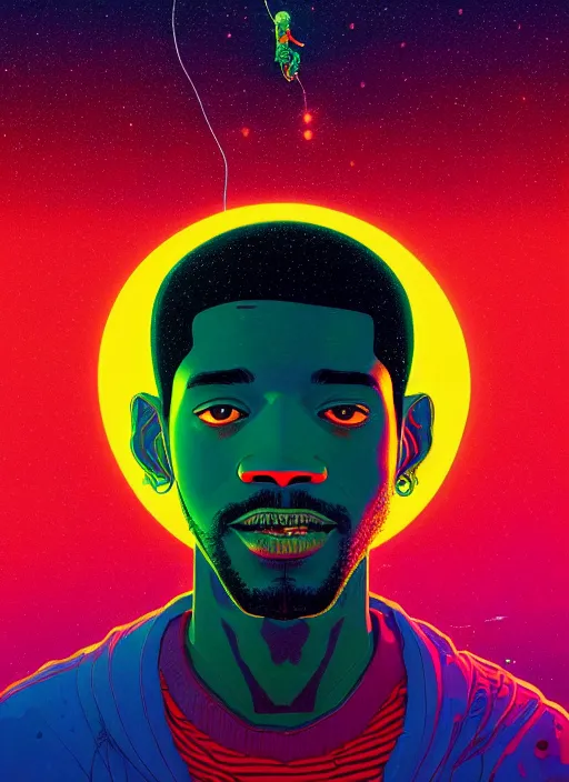 Prompt: symmetry!! stunning portrait of kid cudi man on the moon, by victo ngai, kilian eng vibrant colors, dynamic lighting, digital art, winning award masterpiece, fantastically beautiful, illustration, aestheticly inspired by beksinski and dan mumford, upscale with simon stalenhag work, artstation, 8 k