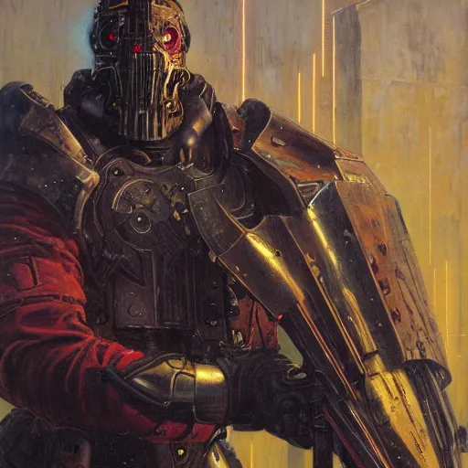 Image similar to the doomslayer as a cyberpunk knight, closeup portrait art by norman rockwell and donato giancola and greg rutkowski