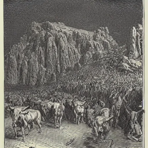 Image similar to woodblock print of the sons of cain wandering antediluvian fields with their beastly herds, genesis, by gustave dore