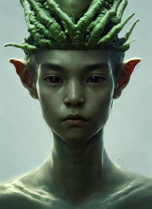 Prompt: a portrait of an alien sage child with an enormously large head, an ancient pale sage child from a different realm, highly detailed, digital painting, artstation, concept art, intricate, elegant, smooth, sharp focus, art by wlop, mars ravelo and greg rutkowski and craig mullins