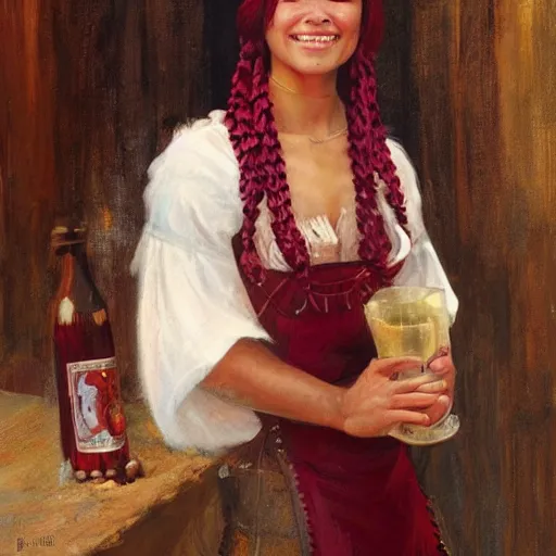 Prompt: a medieval bartender woman with polynesian ethnicity and a warm smile, burgundy color scheme, large mohawk braid, white clothes, fantasy character portrait by gaston bussiere craig mullins