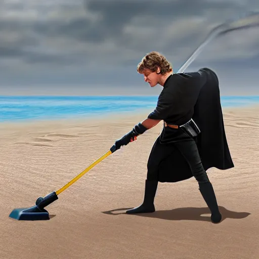 Image similar to anakin skywalker vacuuming the beach for sand, 4k, photorealistic,