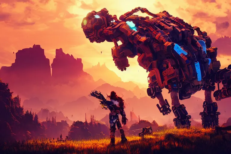 Image similar to grazer machine mecanical creature robot of horizon forbidden west horizon zero dawn radiating a glowing aura global illumination ray tracing hdr fanart arstation by ian pesty and alena aenami artworks in 4 k