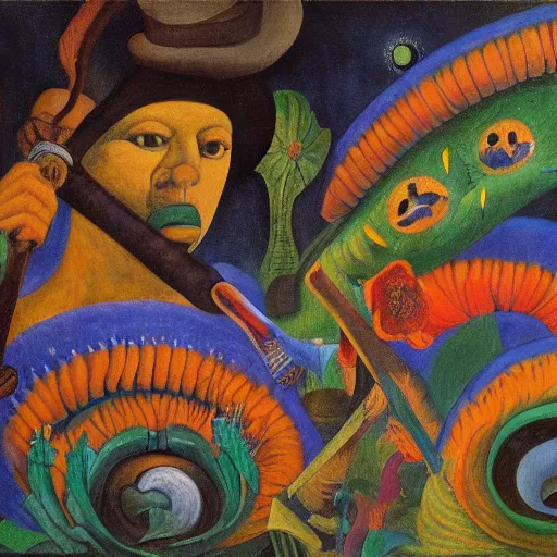 Image similar to high quality, high detail painting, dutch masterpiece, fluxus, blu, film noir, diego rivera, high garden scene with quetzalcoatl at night, hd, muted lighting