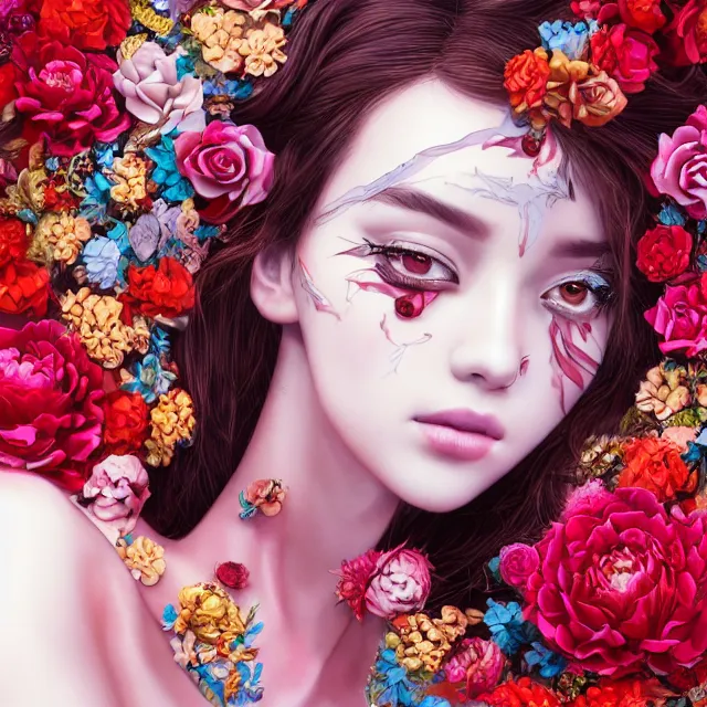 Prompt: an absurdly beautiful, elegant, young hypercolorful sensual gravure idol partially made up of rubies and red petals, ultrafine hyperrealistic detailed face illustration by kim jung gi, irakli nadar, intricate linework, sharp focus, bright colors, matte, octopath traveler, final fantasy, unreal engine highly rendered, global illumination, radiant light, intricate environment