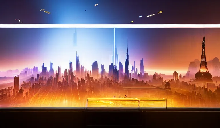 Image similar to crowd of people in large open museum, looking at hologram of futuristic metropolis on a table, cinematic concept art, godrays, golden hour, natural sunlight, 4 k, clear details, tabletop model buildings, center model buildings, hologram center, crane shot, wide shot, high shot