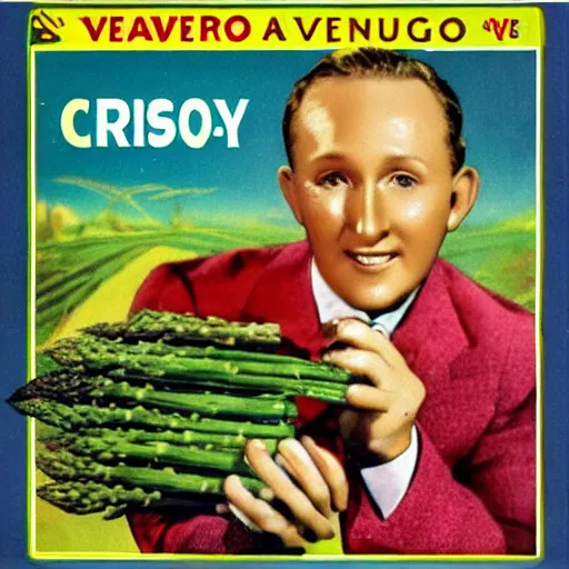 Image similar to vintage video game box cover art for “Bing Crosby’s Asparagus Adventure”