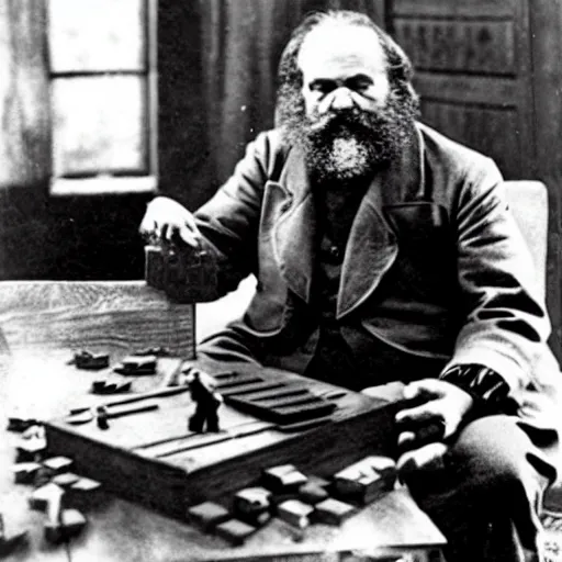 Image similar to Karl Marx playing heroquest, photograph, 1920
