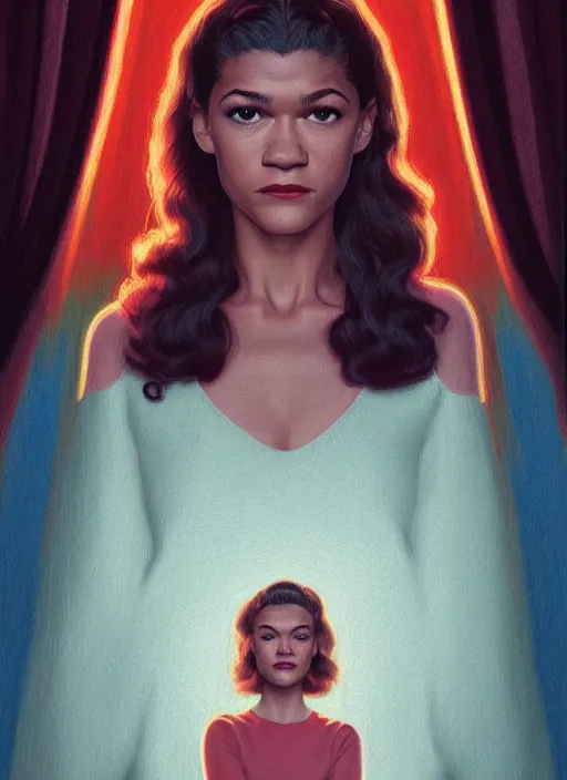 Image similar to twin peaks movie poster art, portrait of zendaya, from scene from twin peaks, clean, simple illustration, nostalgic, domestic, highly detailed, digital painting, artstation, concept art, smooth, sharp focus, illustration, artgerm, donato giancola, joseph christian leyendecker, wlop