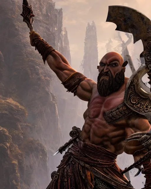 Image similar to a gigantic 1 0 0 0 foot bronze statue of a kratos holding his spear and shield, god of war, fantasy landscape, thousands of tiny onlookers, photorealistic, atmospheric