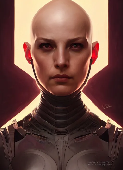 Prompt: Symmetry!! portrait of a bald woman, warrior in sci-fi armour, tech wear, muscular!! sci-fi, intricate, elegant, highly detailed, digital painting, artstation, concept art, smooth, sharp focus, illustration, art by artgerm and greg rutkowski and alphonse mucha