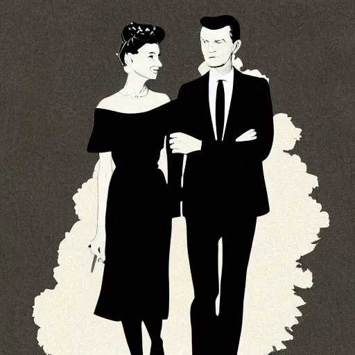 Prompt: illustration of Hubert de givenchy and Audrey Hepburn talking a walk highly detailed, cinematic