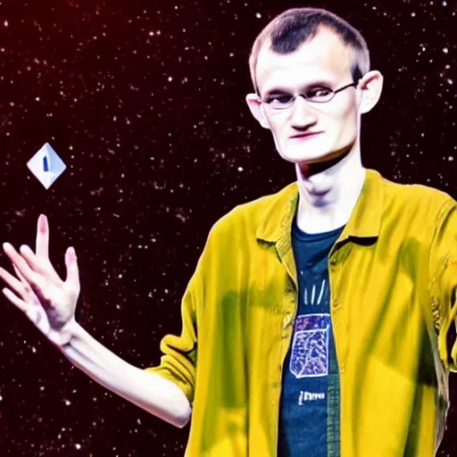 Image similar to Vitalik Buterin as an arcane wizard casting a spell while on stage at a conference, ethereum logo can be seen in the magic - Photo manipulated by DALLE