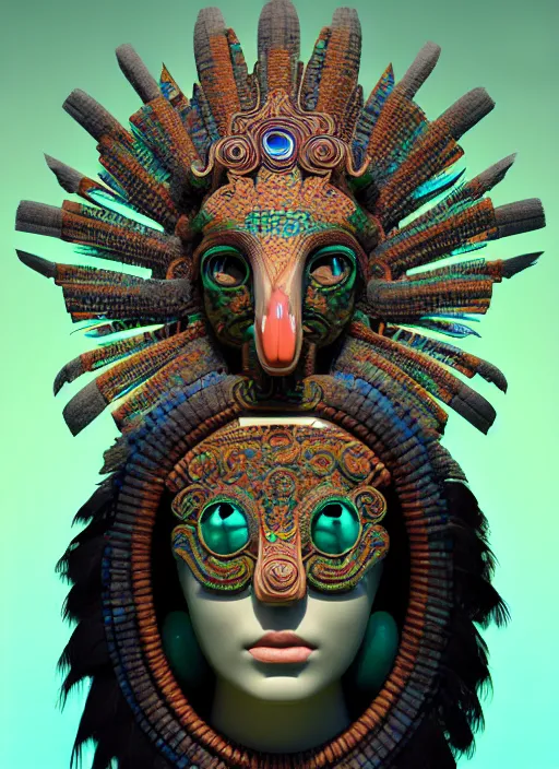 Image similar to 3 d goddess profile portrait. beautiful intricate highly detailed quetzalcoatl mask and feathers. ahuizotl, atotolin, bioluminescent, plasma, lava, ice, water, wind, creature, thunder clouds, artwork by tooth wu and wlop and beeple and greg rutkowski, 8 k trending on artstation,