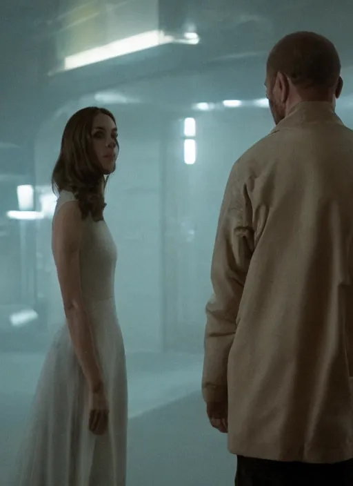 Image similar to a pov shot, color cinema film still of walter white & kate middleton in blade runner 2 0 4 9, cinematic lighting at night.