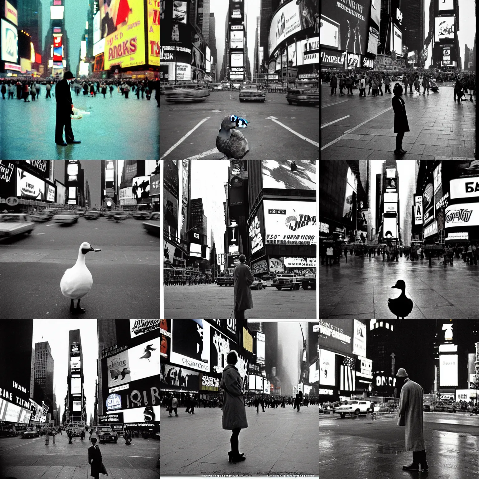 Prompt: a duck standing alone in Times Square 1985 by Ashley Wood