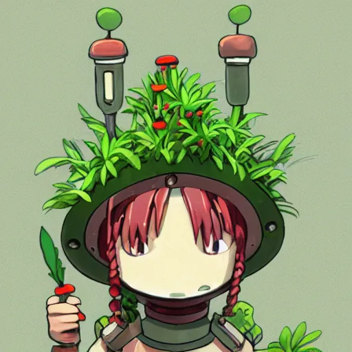 Image similar to cute robot made of plants wearing tomato hat and a chive sword, made in abyss style