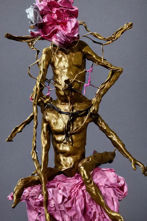 Image similar to papercraft scene made entirely of pipecleaners and crumpled foil of Jean-Michel Basquiat as a full-body bronze baroque statue of Icarus in the posing like a bird for flight, crown of peach roses, flowing pink-colored silk, fabric, flowers. baroque elements, human skull. full-length view. baroque element. intricate artwork by caravaggio. many many birds birds on background. Trending on artstation, octane render, cinematic lighting from the right, hyper realism, octane render, 8k, depth of field, 3D