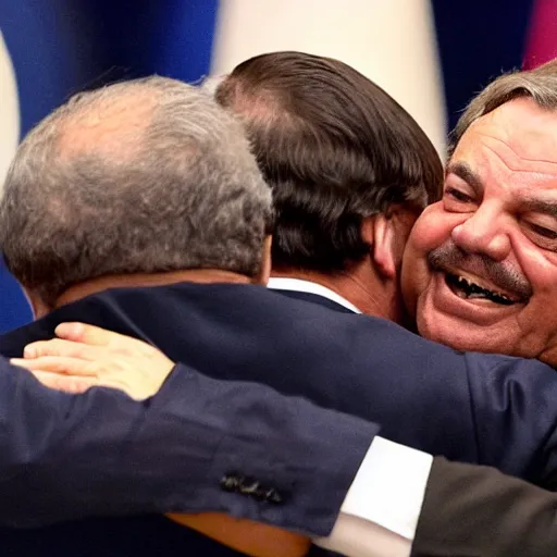 Image similar to Jair Bolsonaro hugging Luis Inacio Lula da Silva.