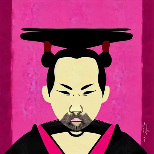 Prompt: a dramatic digital painting of a samurai with a pink birthday hat