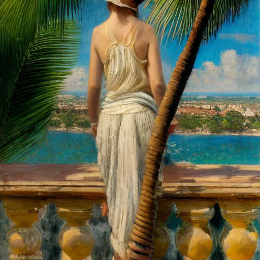 Image similar to a ultradetailed beautiful painting of a girl in the amazonas palace balustrade designed by jules bastien - lepage, hans belmer, frank weston and gustave baumann, beach, trending on artstation, mediterranean, palm trees, refracted color sparkles, sharp focus, soft light, 8 k 4 k