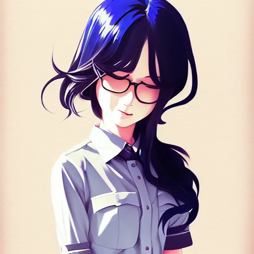 Image similar to urban school girl in shirt fanart, dark blue long hair, muted colors, matte print, pastel colors, ornate, digital art, cute smile, digital painting, fan art, elegant, pixiv, by Ilya Kuvshinov, by Studio Ghibli