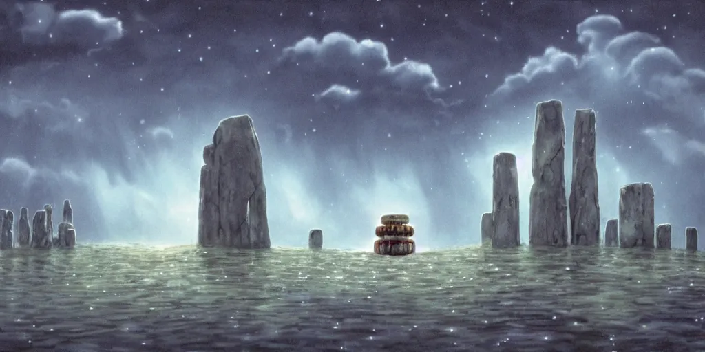 Prompt: a realistic cell - shaded concept art from howl's moving castle ( 2 0 0 4 ) of a huge cube from close encounters of the third kind ( 1 9 7 7 ) hovering over a flooded stonehenge. it is a misty starry night. very dull colors, hd, 4 k, hq