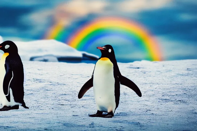 Image similar to a cinematic photo of a penguin, rainbow, lemonade, masterpiece