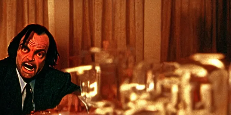 Image similar to photorealistic cinematography of the character jack torrance played by jack nicholson from stanley kubrick's 1 9 8 0 film the shining sitting at the overlook hotel's gold ballroom bar laughing right at the camera shot on 3 5 mm 5 2 4 7 film by the shining cinematographer john alcott on a 1 8 mm cooke panchro lens.