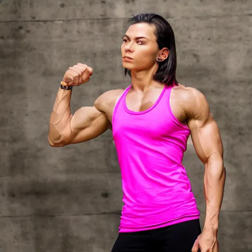 Image similar to high - quality photo of an attractive muscular, completely androgynous woman wearing a pink tank top