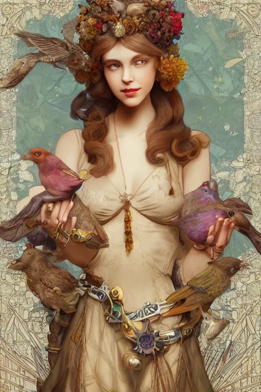 Image similar to 3 d render of english princess holding birds, ornaments, mucha vibe, dieselpunk, solarpunk, artstation