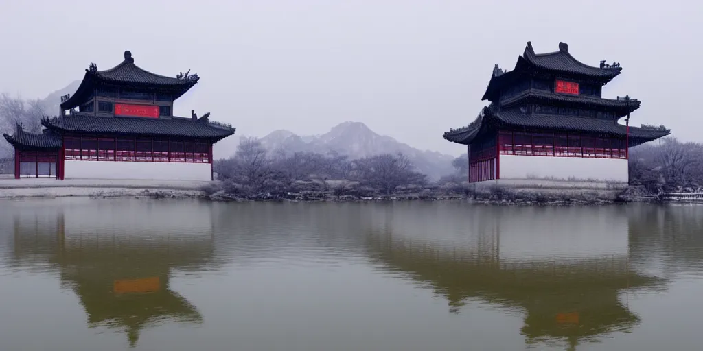 Prompt: ancient chinese palace on ice lake, cyberpunk