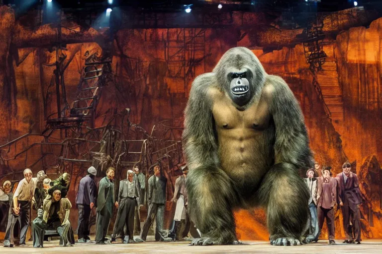 Prompt: photo of a huge theaterstage, theaterplay is king kong, 3 actors on stage, 8 k, multicolored, exaggerated detailed, long shot