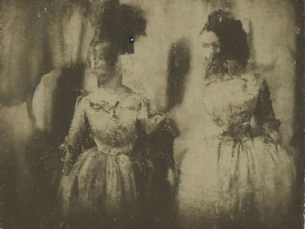 Prompt: old daguerreotype female android in beautiful victorian dress decaying rich guest room