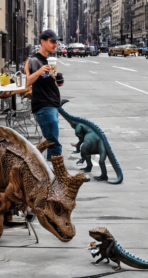 Image similar to a dinosaur lost in manhattan, drinking a coffee and talking on a cell phone